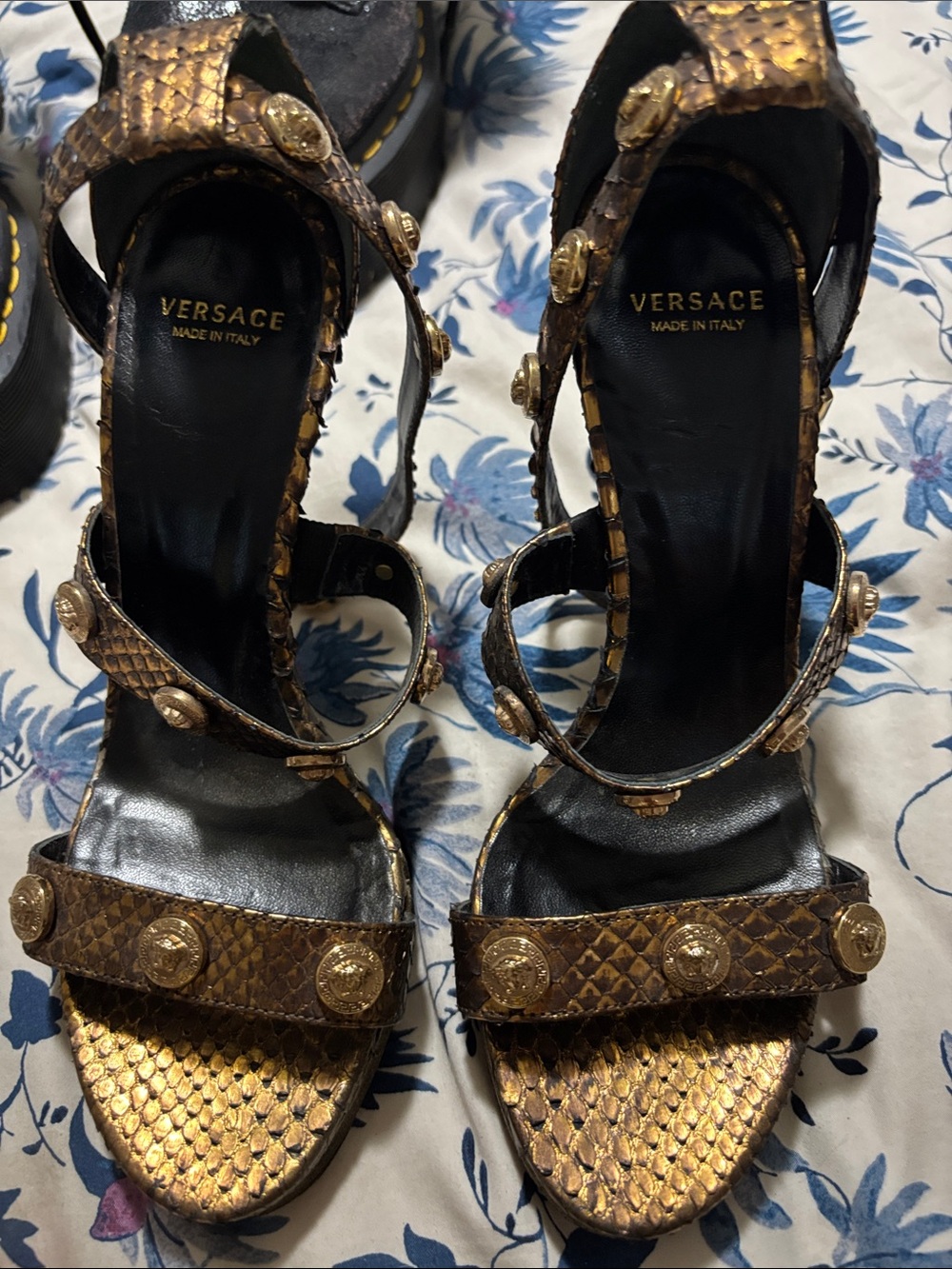 Versace Metallic Gold Snake-Embossed Medusa Strap Heels